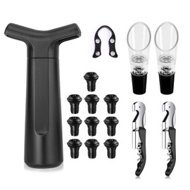 BANJILI - Wine Pump, Includes 10 Reusable Silica Gel Wine Stoppers, 16 Pieces Wine Cork Set, 1 Vacuum Pump for Wine, 1 Foil Cutter, 2 Pourers, 2 Wine Corkscrew, Black Round