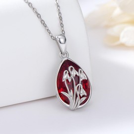 January - Snowdrop 925 Sterling Silver Birth Flower Necklace with Teardrop Shaped Birthstone - Birthday Jewelry Gift