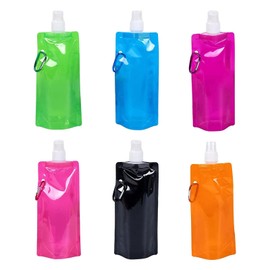 MIVAIUN Pack of 6 Foldable Water Bottles, Reusable, 480 ml Water Bottles, Portable Foldable Water Bag, Festival Drinking Bag with Screw Cap for Hiking, Travel (6 Colours)