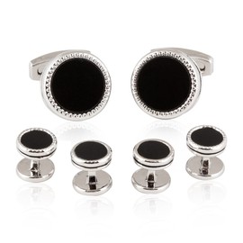 Cuff-Daddy Tuxedo Cufflinks Studs Formal Set Black Enamel Silver with Presentation Box Gift Party Special Occasions Wedding Anniversary