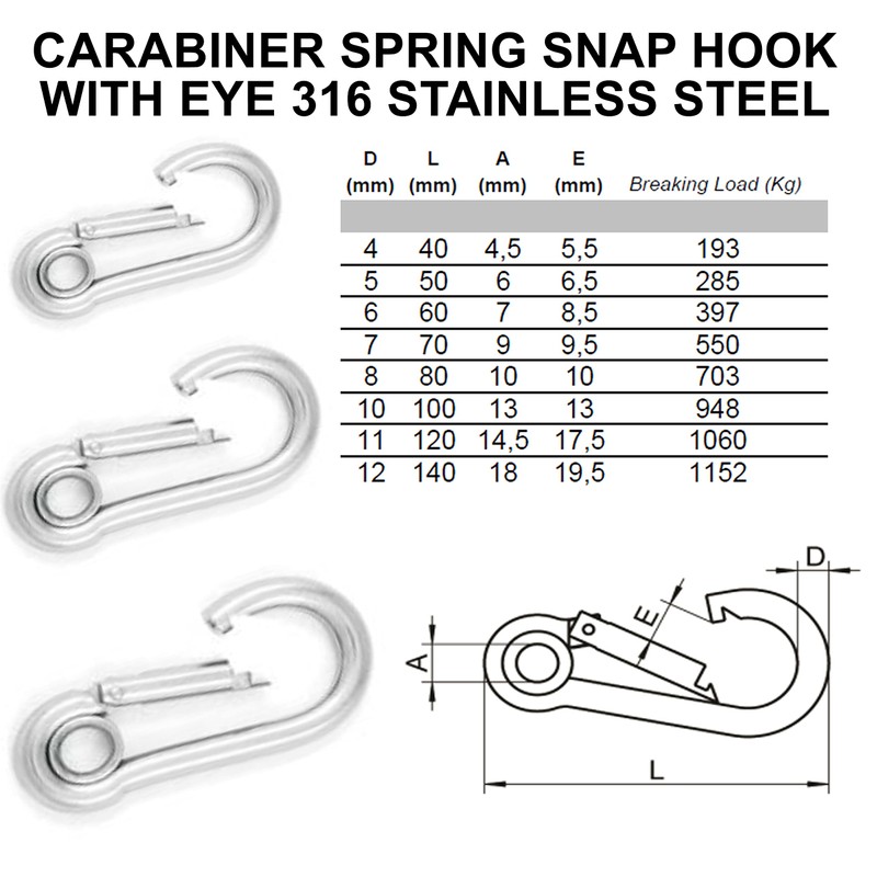 Spring Snap Eyelet Hook 316 Marine Stainless Steel Climbing Locking