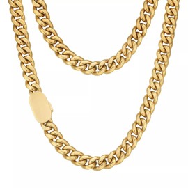 10mm Wide 18K Gold Plated Stainless Steel Hip-hop Cuban Link Chain Mens Necklace Or Bracelet Length 7.5-30 inch Optional(Necklace, 24")