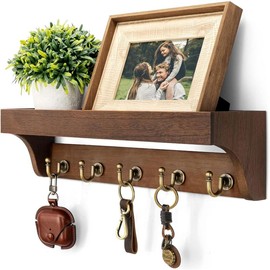 Key and Mail Holder for Wall with floating Shelf : Decorative hanging organizer with 5 Sturdy Keys Hooks and Wall Mount Key Rack - Farmhouse Entryway Décor (Modern White) Decoration Shelves Wood Dog - Color: Retro Brown