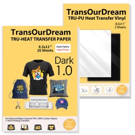 TransOurDream Tru-Iron on Heat Transfer Paper for Dark Fabric (20+2 Sheets, 8.5x11") Printable Iron on Transfers Paper for Inkjet Printer & Heat Transfer Vinyl for T Shirts (D1-BW-22)