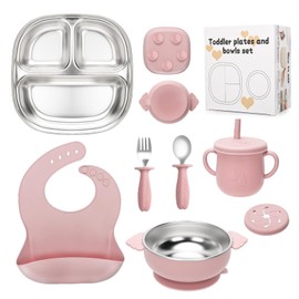 MISSLILI Stainless Steel Toddlers Plate and Bowl set | Baby Weaning Bundle | Comes with Detachable Silicone Baby Feeding Set | Baby cutlery set (Pink)