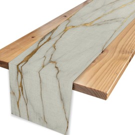 Marble Table Runner, Modern Abstract Art White Grey Pattern Gold Fluid Table Center Decor for Home Kitchen Dining Party Indoor Outdoor Decoration 13x36 Inch.