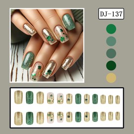 St. Patrick's Day Press on Nails Medium Green Four-leaf Clover False Nails Green Gold Glitter Powder Design Holiday Nails Full Cover Artificial Nails French Stick on Nails Glue on Nails for Women