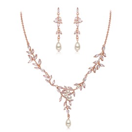 EVER FAITH Cubic Zirconia Bridal Jewelry Set for Wedding, Marquise CZ Simulated Pearl Vine Leaf Necklace Dangle Earrings Sets Rose Gold-Tone