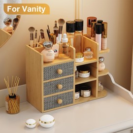 Makeup Organizer Countertop With Brush Holder For Vanity, Large Bamboo Bathroom Counter Organizers And Storage,Cosmetic Skincare Perfume Organizer With 3 Makeup Brush Holder/3 Drawer/7 Storage Shelves