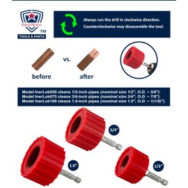 [3-Size Set] Copper Pipe Cleaner for Drill, Clean 1/2, 3/4, 1-in Copper Pipes & Tubes for Soldering, 3 Tube Cleaning Brushes, Model InerLok050, 075, 100, w/ Stainless-Steel Wire Bristles & 1/4” Shank