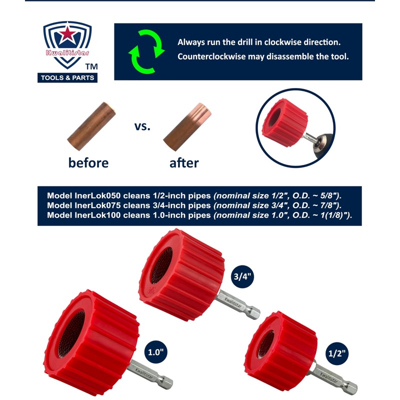 [3-Size Set] Copper Pipe Cleaner for Drill, Clean 1/2, 3/4,