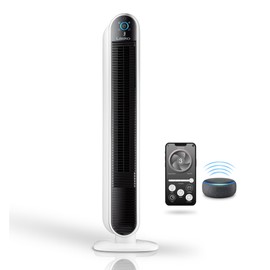 Lasko Smart Oscillating Tower Fan Powered by Aria, Wi-Fi Connected, Voice Controlled, Compatible with Alexa and Google Assistant, Timer, 5-Speeds, 40", White, T40735, Large