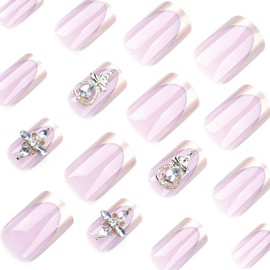EYZOTSF Press on Nails Short Square Shaped Glossy Full Cover Acrylic Square Short Length Gold French False Nails with Gems Designs Artificial Extra Short Fake Nails Glue ons Fingernails for Women