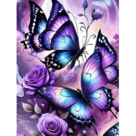 CHWGLFGG 5D Diamond Art Kits for Adults Beginners, Purple Butterfly Diamond Painting Kits, DIY Full Round Drill Paint by Diamonds Dot Gem Art for Adults, Home Wall Decor 12x16 Inch