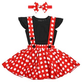 IBTOM CASTLE - Disfraz de tutú de lunares para bebé niña princesa fiesta de primer cumpleaños, vestido con falda de tirante general, diadema, Negro + rojo, 18-24 Meses