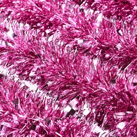 Christmas Tinsel Twist Garland - Metallic Glitter Tree Hanging Decorations for Indoor and Outdoor Ornament (Pink)