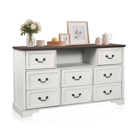 Farmhouse 8 Drawer Dresser, Wood Wide Chest Dresser for Bedroom, Vintage Style Large Storage Dressers Chests of 8 Drawers with Deep Drawers and Metal Handle