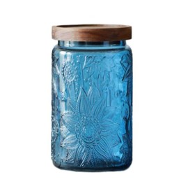 Vintage Glass Jar with Solid Wood Lid, 34 FL OZ Blue Sunflower Decorative Jar, Kitchen Food Storage Container for Coffee, Tea Bags, Nuts, Sugar, Jam, Pet Food (Blue Sunflower)