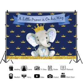 7x5ft Elephant Baby Shower Photography Backdrop for Boys Glitter Gold Crown Blue Photo Background Little Prince Party Decor Newborn Baby Adults Portrait Photoshoot Photo Studio Props Vinyl