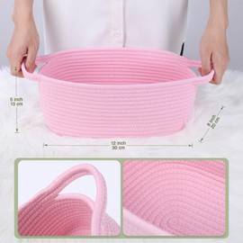 SweetMemo Gift Basket Empty with Handles, 12x8x5 inch - Small Cute Woven Rope Basket for Baby Nursery, Kids Toys - Includes Gift Bag & Ribbon, Perfect for Wedding, Baby Birthday Gifting (Pink, 1PC)