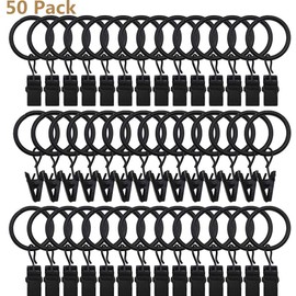 PUBAMALL Anillos Clips de cortina, Anillos de cortinas, Anillo de cortina de ventana con clip (Negro, 50 Pack)
