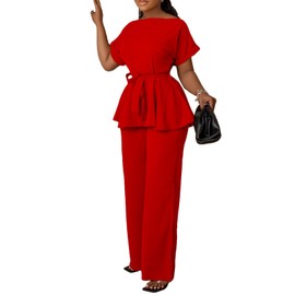 Two Piece Outfits for Women Short Sleeve Crew Neck Ruffle Hem Pullover Peplum Tops Flared Pants Sets Red L