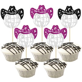 Gyufise 24Pcs 70s Disco Ball Cupcake Toppers Glitter Cowboy Hat Disco Balls Cupcake Picks Decorations for 1970s Disco Theme Birthday Party Supplies Black Rose Red Silver
