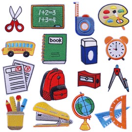 16Pcs Back to School Iron on Patches Pencil Bus Eraser Scissor School DIY Embroidered Applique Colorful Assorted Repair Sew Applique for Teacher Students Clothing Jacket Jeans Backpack Hat