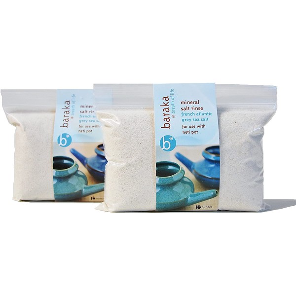 Baraka Neti Pot Mineral Salt Sinus Rinse Saline Solution - Use with Neti Pot - Premium No Burning French Atlantic Sea Salt for Sinus Relief (16 oz - 2 Pack)