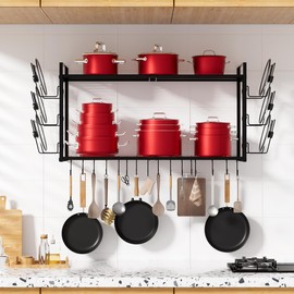 Orgneas Expandable Pot and Pan Organizer Wall Mounted, 2 Tier Hanging Kitchen Shelves Heavy Duty Pot Rack with 6 Pot Lid Holders and 12 Hooks for Kitchen Cookware Utensils Organizer and Storage