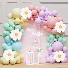Netnology Daisy Balloon Arch Garland Kit - 136Pcs Pastel Rainbow Balloon Arch Kit - Birthday Balloons, White Groovy Flower Macaron Pink Yellow Blue Purple Balloons for First Birthday Wedding Party Decorations