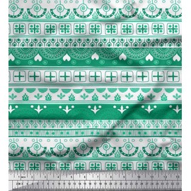 Soimoi Green Velvet Fabric Square & Semi Mandala Ethnic Printed Fabric 1 Yard 58 Inch Wide