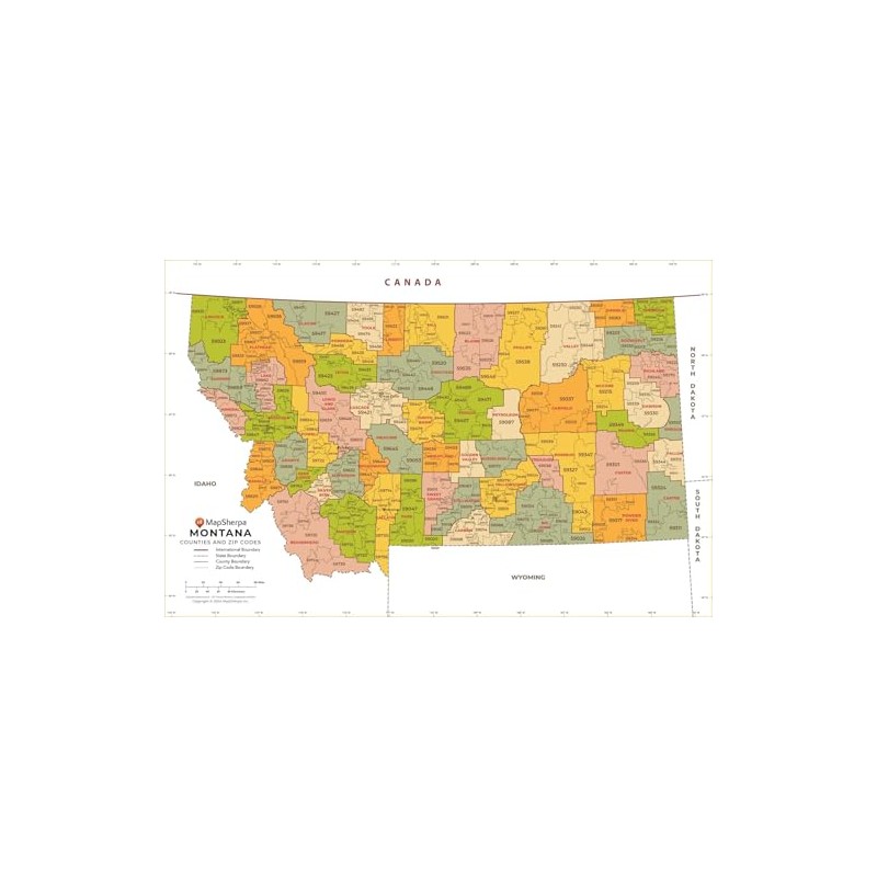 Montana ZIP Code Map with Counties - Large - 31.25