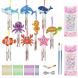 TYXHXTF 9 Pack Marine Animals Craft Kit, Crafts for Kids, Arts and Crafts, Wind Chimes Kit for Kids, DIY Coloring Wooden Art, Garden Outdoor Decor, for Girls Boys Birthday Gift