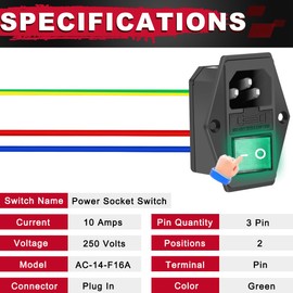 MKBKLLJY 3PCS Rocker Switch Power Socket Inlet Module Plug Male 10A 250V AC Arcade Power Switch Adapter Power Connector 3 Pin AC-14-F16A LED Light with 18AWG Wiring 10A Fuse 4.8mm Sheath Screw