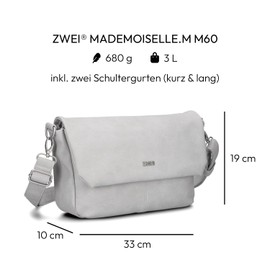 Zwei Mademoiselle M60 Women's Handbag Shoulder Bag Landscape Format 3 Litre Wide Crossbody Bag Magnetic Flap Zip Includes Lanyard Classic Elegant High-Quality Faux Leather, Nubuk-ice