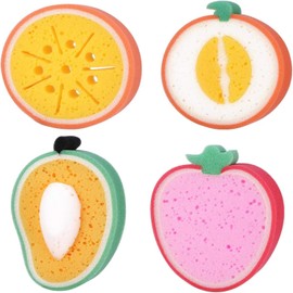 JCZD 4 Pack Shower Sponge, Cute Fruit Shaped Bath Sponge Bath Brushes Sponges Scrubbers Bathing Tools-Multicolor