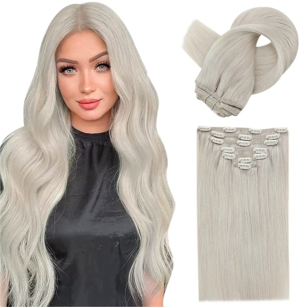 Fshine Clip-In Real Hair Extensions Blonde 50 cm 20 Inches Faber White Blonde Double Weft Real Hair Extensions Clip 120 g Remy Extensions Clip in Full Head 7 Pieces #1000