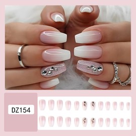 24Pcs Medium Coffin Fake Nails Gradient White Glitter Rhinestones French Tip Medium Press On Nails Coffin with Designs Full Cover Glossy False Nails Medium Coffin,Acrylic Thick Medium Coffin Glue on Nails, Stick on Nails For Women Daily Events DZ154