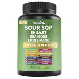 Soursop Supplement with Ashwagandha Sea Moss Lions Mane Turmeric Shilajit - Graviola Complex Capsules for Antioxidant, Brain & Joint & Skin Support​ | 120 Vegan Capsules