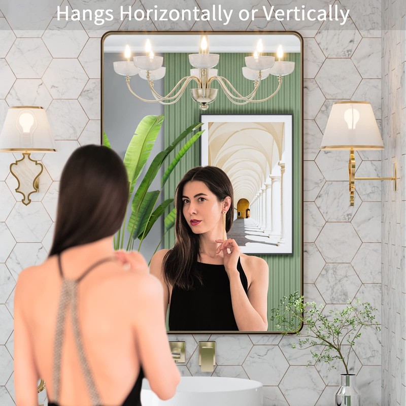 LOAAO 24”X32” Bronze Bathroom Mirrors for Vanity, Rounded Rectangle Brushed