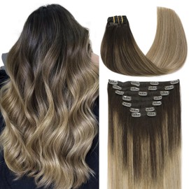 VINBAO Thicker Hair Extensions Clip in Human Hair, 18inch 160g 7Pcs, 2/6/18 Dark Brown to Chestnut Brown and Dirty Blonde Highlighted, Clip in Human Hair Extensions (#HC2618,18'')