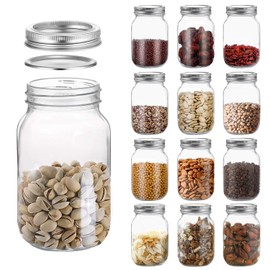 novelinks 32 OZ Clear Plastic Mason Jars with Airtight Lids - Plastic Mason Jars 32 OZ Plastic Jars with Lids for Kitchen & Household Storage (12 PACK, Silver)