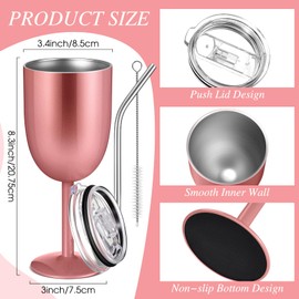 Ninehaoou 1 Pc Insulated Wine Tumbler with Lid Straw Brush 10oz Stainless Steel Glasses Cups Double Walled Vacuum Insulated Wine Tumbler for Christmas Women Men Holiday Birthday Gifts (Rose Gold)