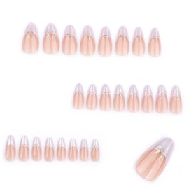 Almond Press on Nails Medium Fake Nails Glitter with Bow Design French Tip False Nails Full Cover Acrylic Nails Artificial Nails Glossy Glue on Nails Stick on Nails for Women Manicure 24Pcs