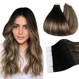 Ugeat Tape in Hair Extensions Real Hair Tape in Human Hair Extensions Double Sided Natural Black Mix Dark Brown with Caramel Blonde Balayage Tape in Hair Extensions Human Hair 14inch 50G 20Pcs
