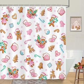 Bonhause Christmas Gingerbread Shower Curtain, Pink Candy Cane Mitten House Winter Holiday Bathroom Decor 72 x 72 Inch Polyester Fabric Waterproof Bath Curtain with 12 Hooks