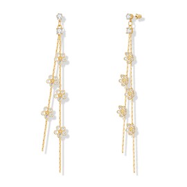 FAUTHENTICUTE Gold CZ Flower Dangle Earrings For Women 2pcs Long Gold Thread Chain With Clear Flower Charms Soldered On Dainty Foral Wedding Jewelry Gift