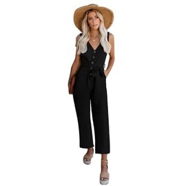 PrinStory Women'S Summer Casual Jumpsuit V-Neck Button Down Sleeveless Rompers With Pockets (Black, 3XL)