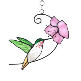 Lolitarcrafts Hummingbird with Flower Stained Glass Suncatcher Bird Stained Glass Window Hangings Hummingbird Gift for Home Decor (Green with Flower)
